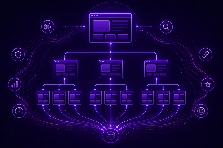 Diagrama de arquitetura de site com hierarquia de páginas e sinais de SEO técnico