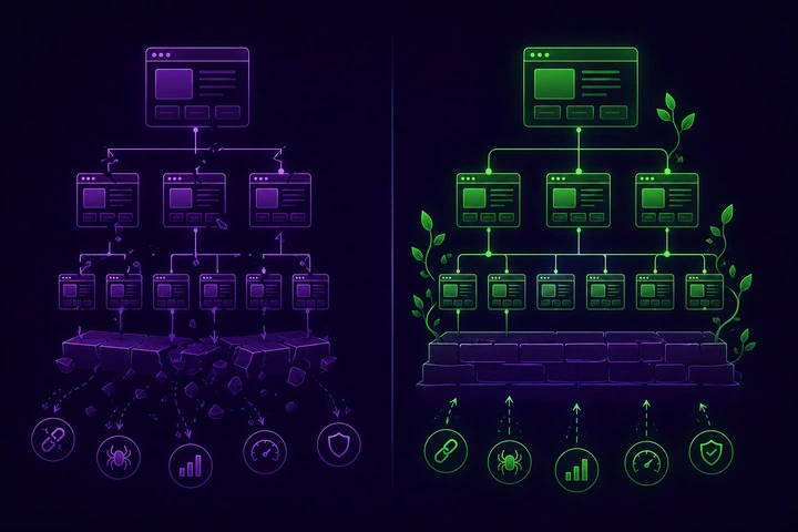 Comparação entre site sem estrutura SEO e site com base sólida para crescimento orgânico